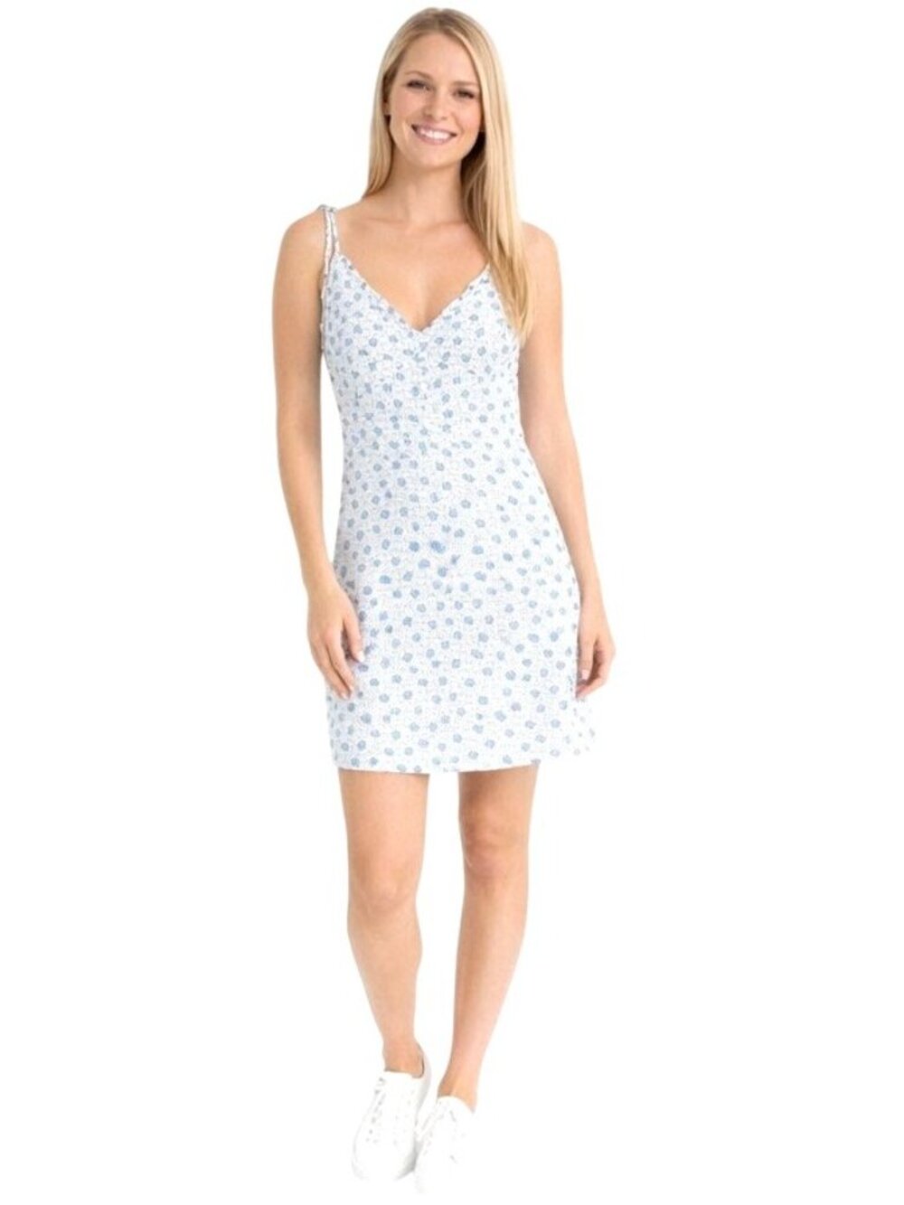 2/$30 ZARA Floral Mini XS Dress With Adjustable Straps White Blue Flower Pattern